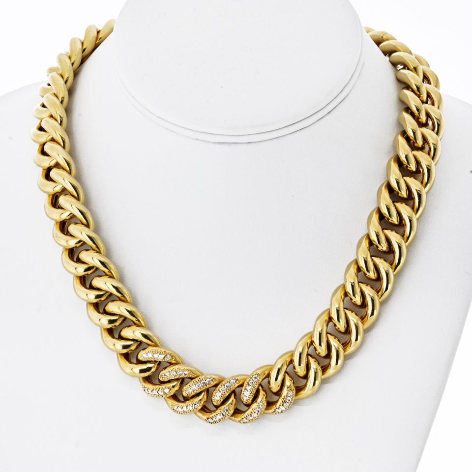 18K Yellow Gold Cuban Chain Link With Round Diamonds 18 Inches Long Necklace - The Back Vault