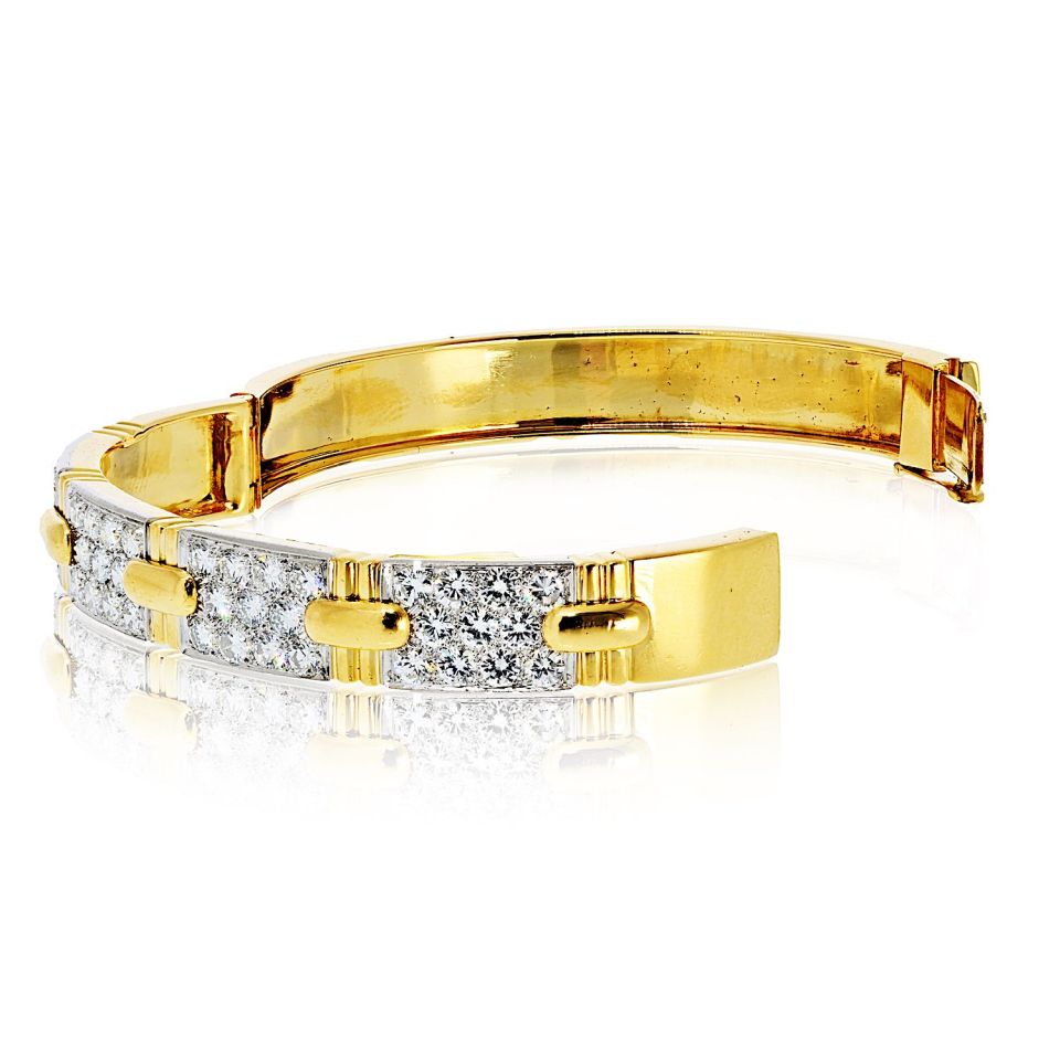 David Webb Platinum & 18K Yellow Gold Stitch Round Diamond Bangle Bracelet - The Back Vault
