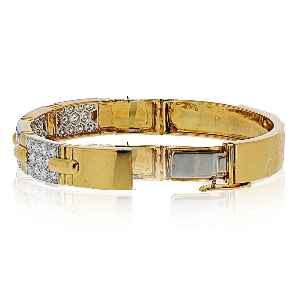 David Webb Platinum & 18K Yellow Gold Stitch Round Diamond Bangle Bracelet - The Back Vault