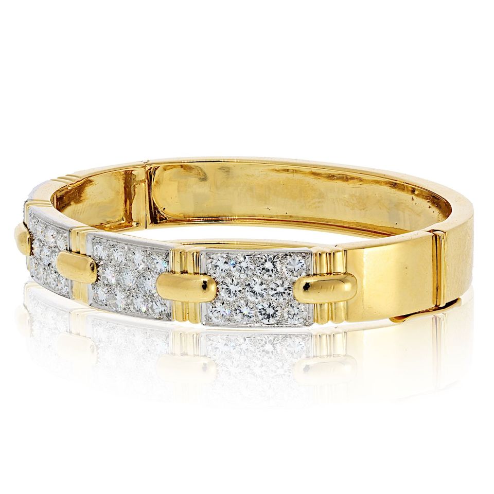 David Webb Platinum & 18K Yellow Gold Stitch Round Diamond Bangle Bracelet - The Back Vault