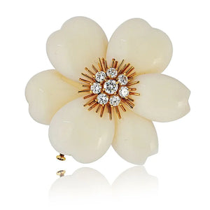 Van Cleef & Arpels 18K Yellow Gold Rose De Noel 2 Inches White Coral Brooch