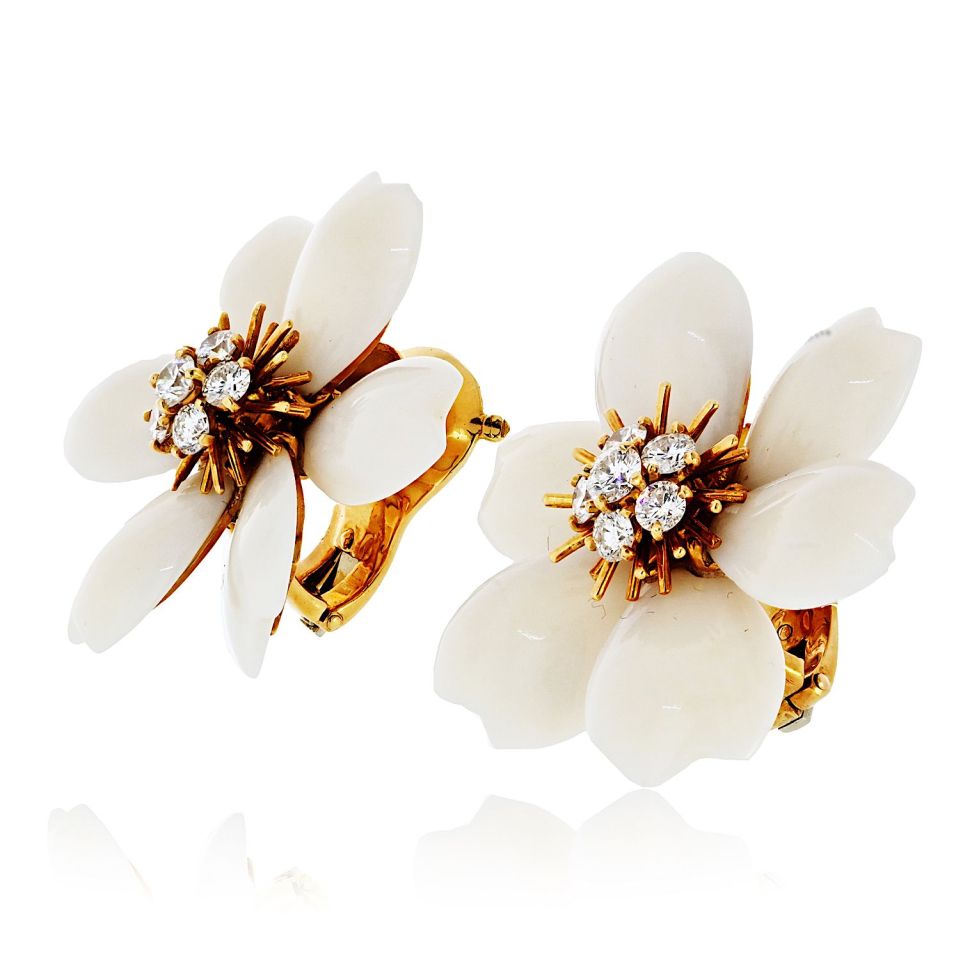 Van Cleef & Arpels Rose de Noel 18K Yellow Gold Small Model White Coral Earrings - The Back Vault