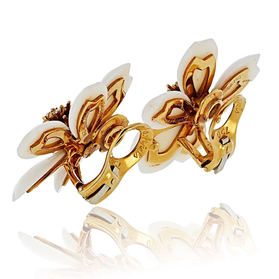 Van Cleef & Arpels Rose de Noel 18K Yellow Gold Small Model White Coral Earrings - The Back Vault