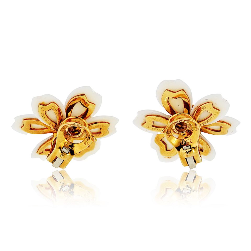 Van Cleef & Arpels Rose de Noel 18K Yellow Gold Small Model White Coral Earrings - The Back Vault