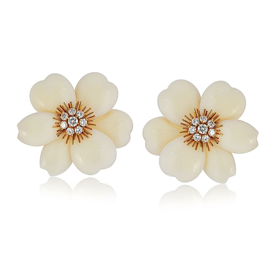 Van Cleef & Arpels Rose de Noel 18K Yellow Gold Small Model White Coral Earrings - The Back Vault