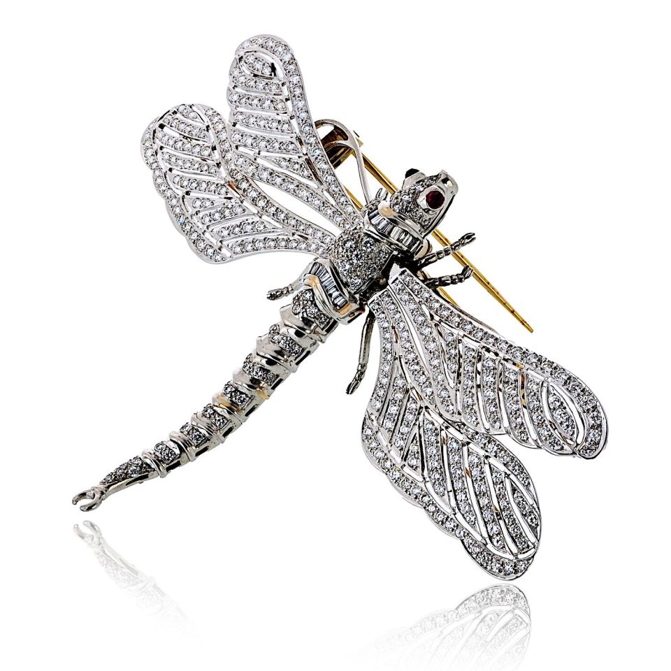 Platinum & 18K White Gold Diamond Dragonfly With Ruby Eyes Brooch - The Back Vault