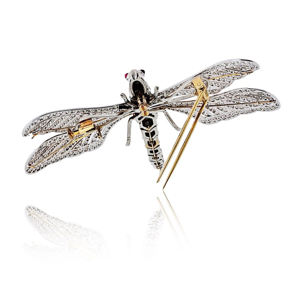 Platinum & 18K White Gold Diamond Dragonfly With Ruby Eyes Brooch - The Back Vault