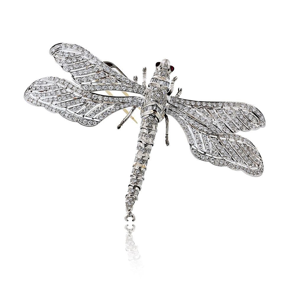 Platinum & 18K White Gold Diamond Dragonfly With Ruby Eyes Brooch - The Back Vault