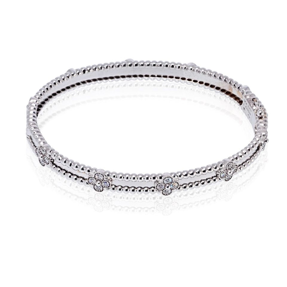 Van Cleef & Arpels 18K White Gold Perlee Diamond Clovers Size S Bracelet - The Back Vault