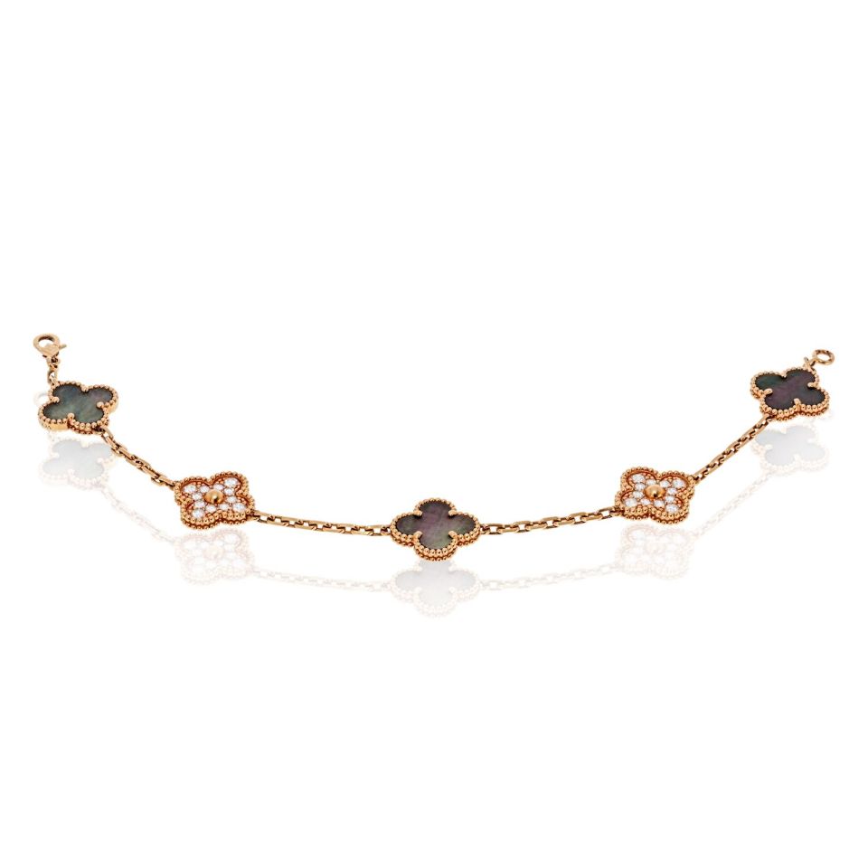 Van Cleef & Arpels Alhambra 18K Rose Gold Grey Mothr Of Pearl And Diamonds Bracelet - The Back Vault