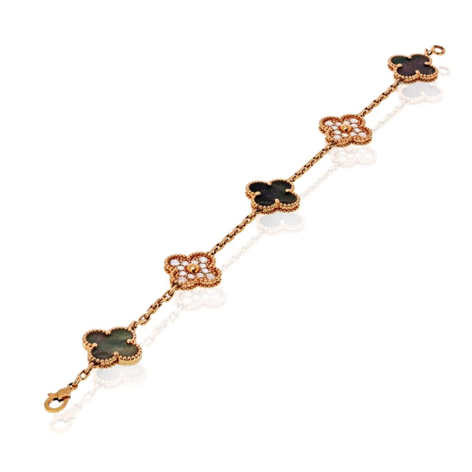 Van Cleef & Arpels Alhambra 18K Rose Gold Grey Mothr Of Pearl And Diamonds Bracelet - The Back Vault