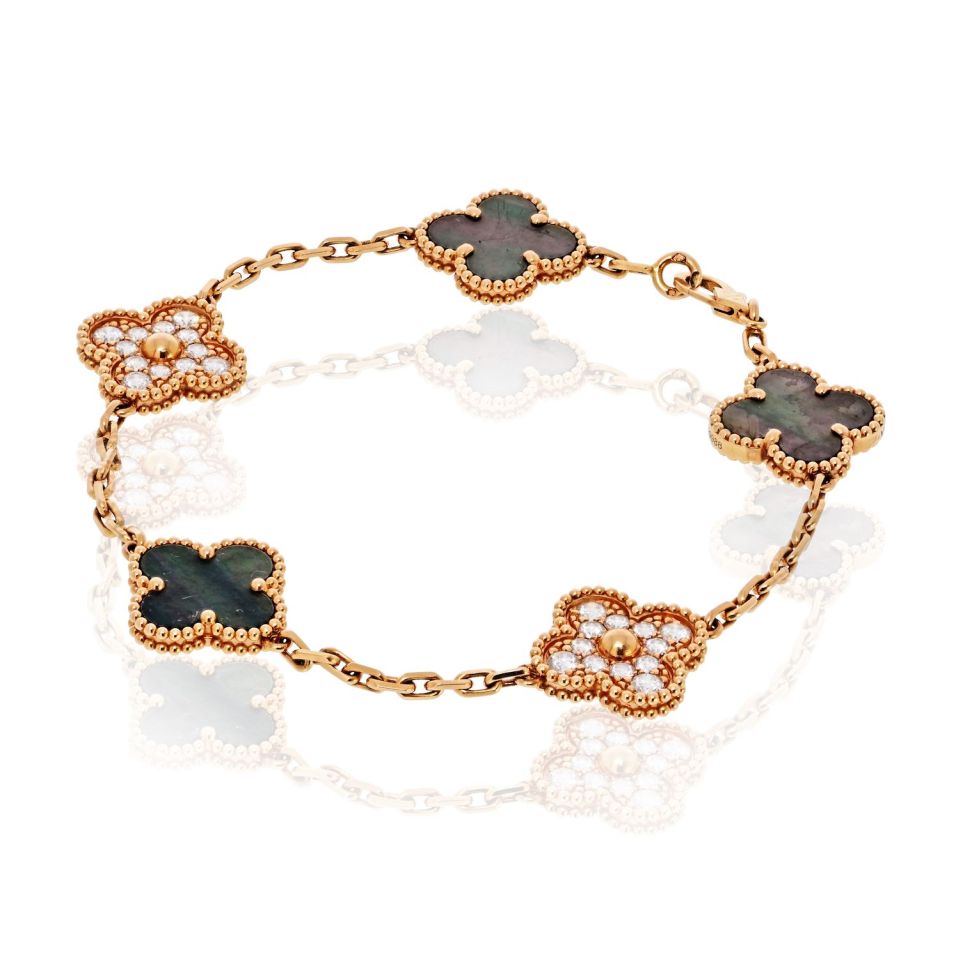 Van Cleef & Arpels Alhambra 18K Rose Gold Grey Mothr Of Pearl And Diamonds Bracelet - The Back Vault