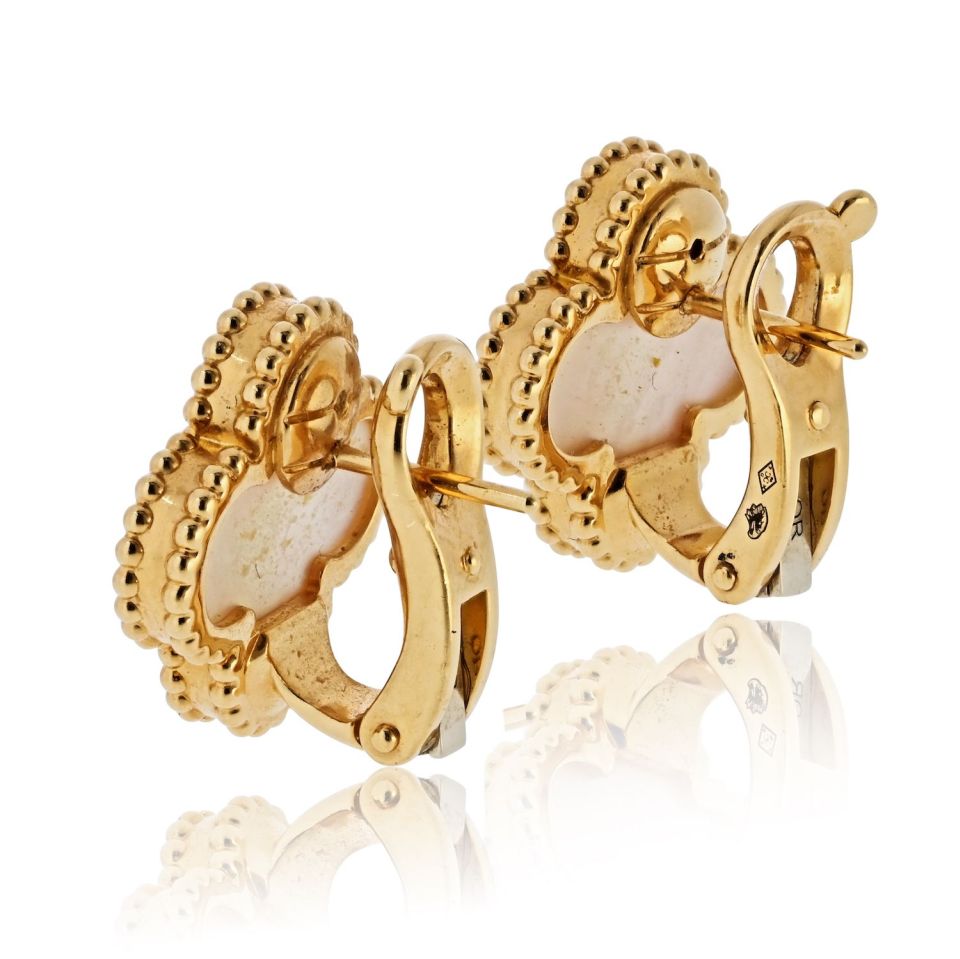Van Cleef & Arpels Alhambra 18K Yellow Gold Mother Of Pearl Classic Size Earrings - The Back Vault
