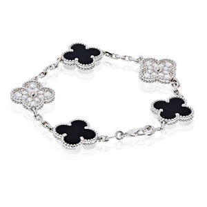 Van Cleef & Arpels Alhambra 18K White Gold Onyx And Diamond Bracelet