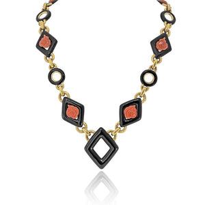 David Webb 18K Yellow Gold Black Enamel And Roses Coral Link Necklace