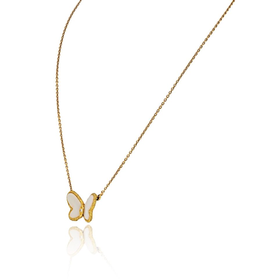 Van Cleef & Arpels 18K Yellow Gold Vintage Butterfly Pendant in White Coral Necklace