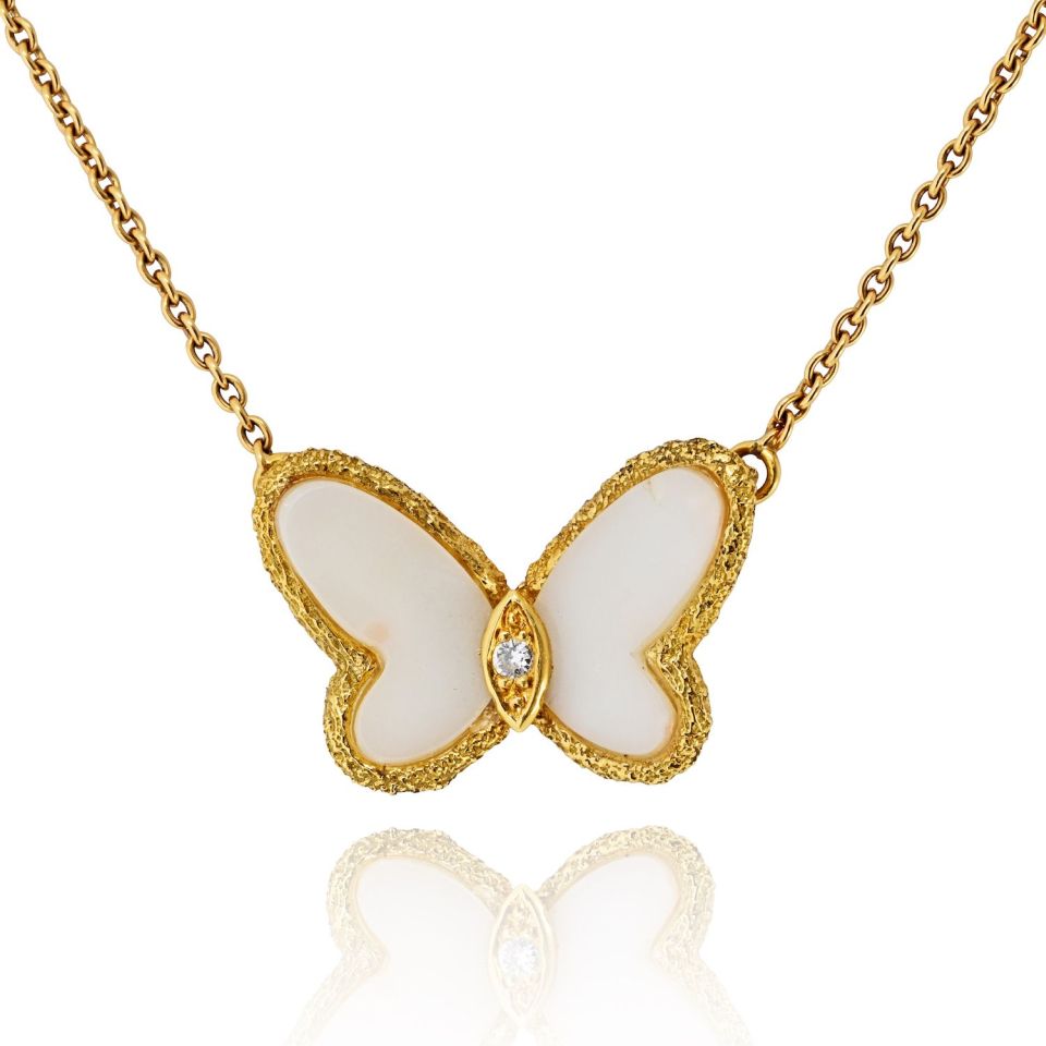 Van Cleef & Arpels 18K Yellow Gold Vintage Butterfly Pendant in White Coral Necklace