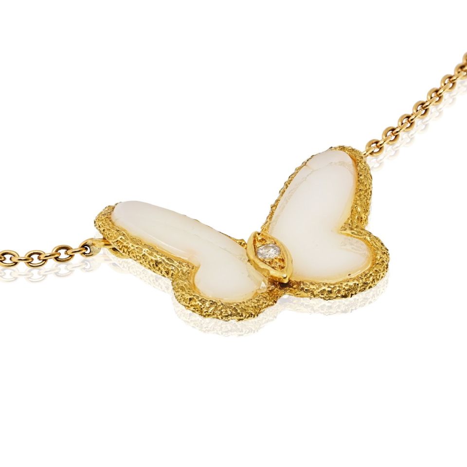 Van Cleef & Arpels 18K Yellow Gold Vintage Butterfly Pendant in White Coral Necklace