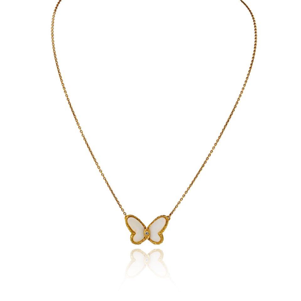 Van Cleef & Arpels 18K Yellow Gold Vintage Butterfly Pendant in White Coral Necklace