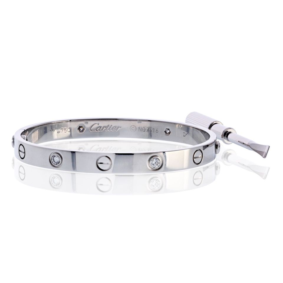 Cartier Love 18K White Gold 4 Diamonds Size 17 Bracelet – The Back