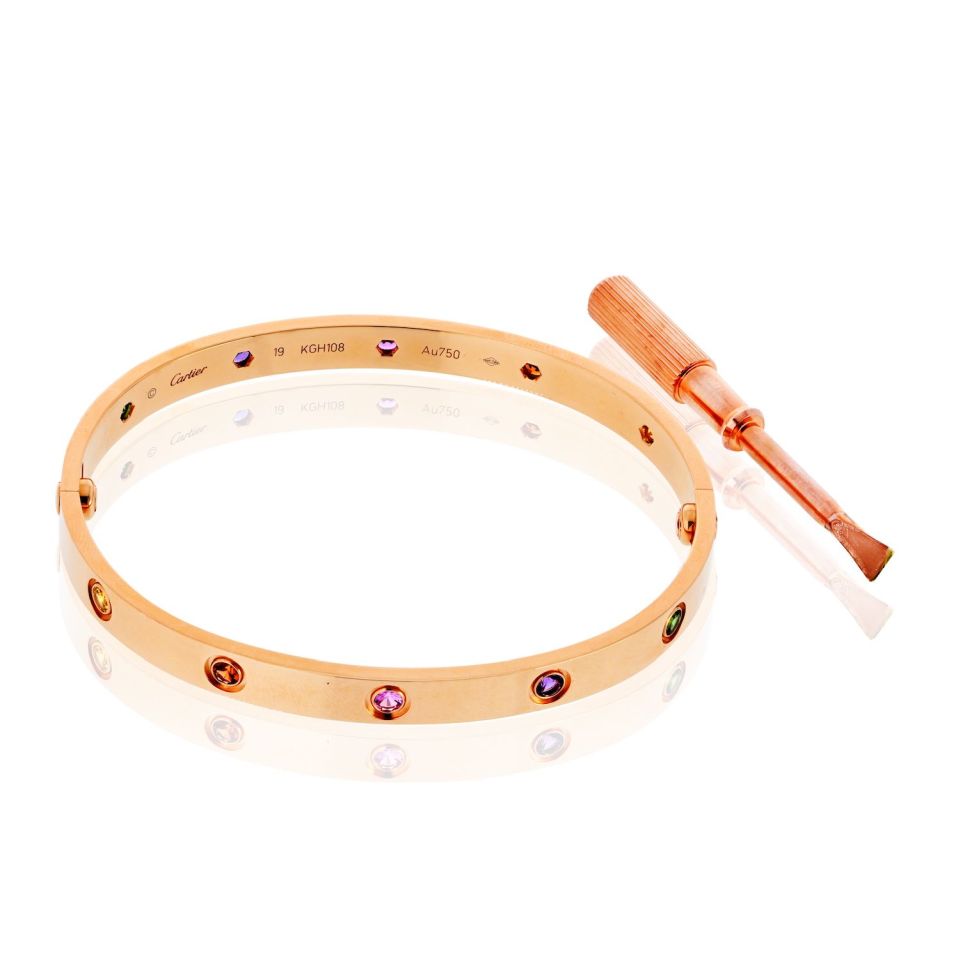 Cartier Love 18K Rose Gold Multicolored Gemstones Size 19 Bracelet