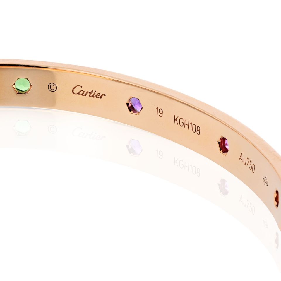 Cartier Love 18K Rose Gold Multicolored Gemstones Size 19 Bracelet