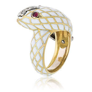 David Webb 18K Yellow Gold Snake Serpent White Enamel Ruby and Diamonds Ring