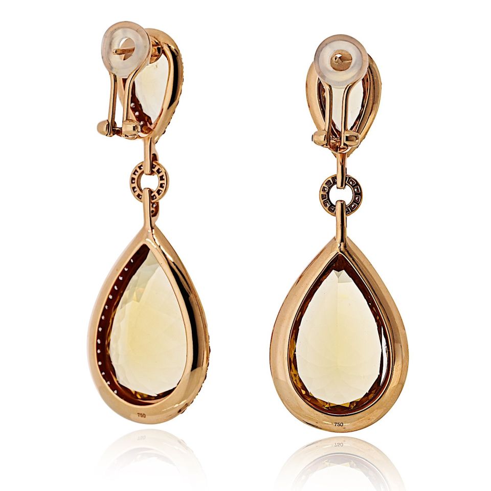 Tear Drop 18K Yellow Gold Citrine and Fancy Diamond Drop Earrings