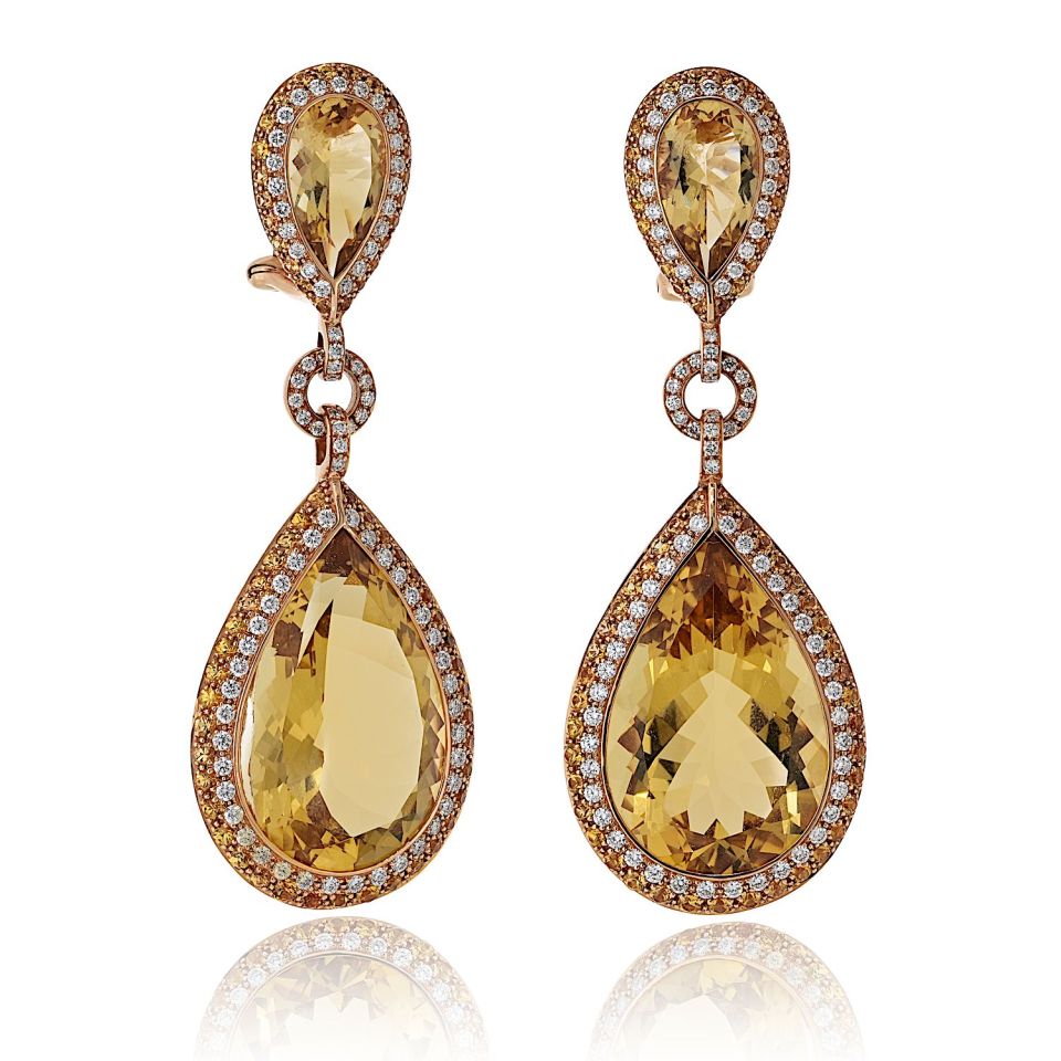 Tear Drop 18K Yellow Gold Citrine and Fancy Diamond Drop Earrings