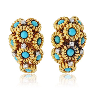 18K Yellow Gold Turquoise And Diamond Flower Motif Clip On Earrings