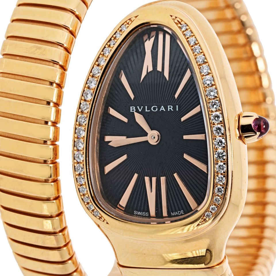 Bvlgari Serpenti 18K Rose Gold SP P35G Black Dial Diamond Bezel