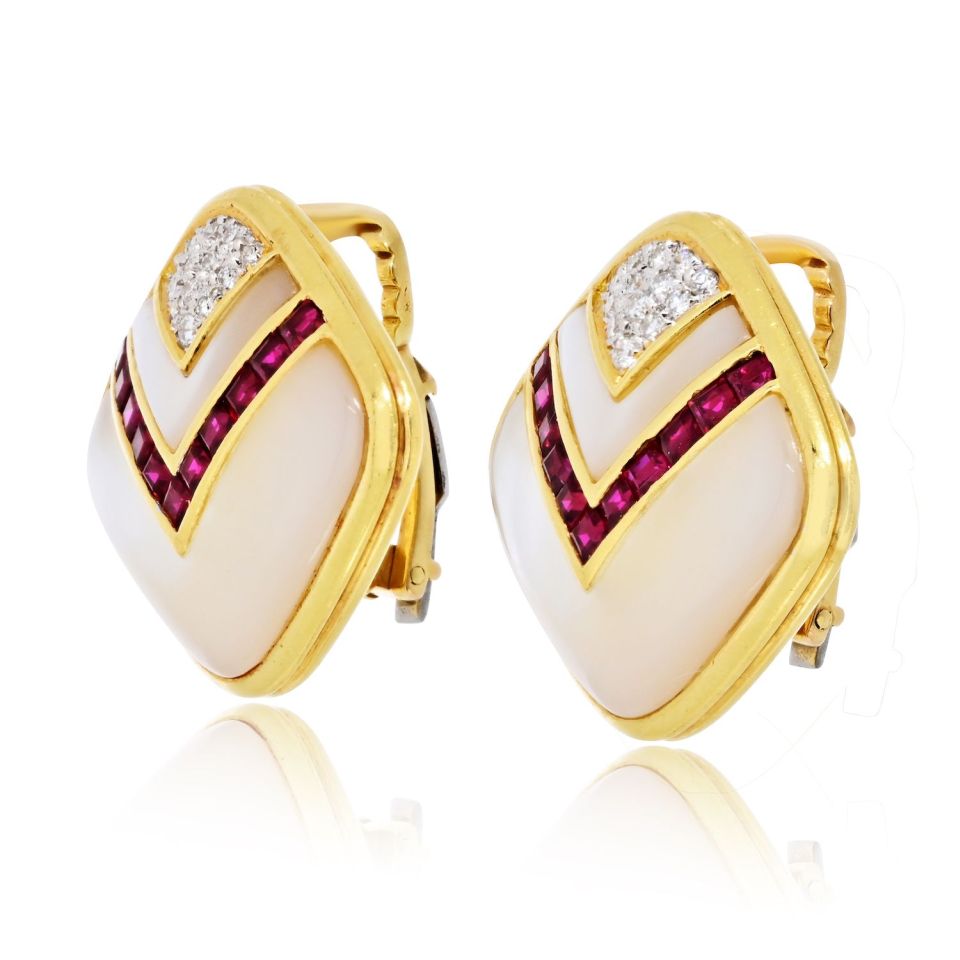 Circa 1980's 18K Yellow Gold Mother Of Pearl, Diamond And Ruby