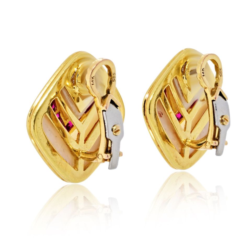Circa 1980's 18K Yellow Gold Mother Of Pearl, Diamond And Ruby