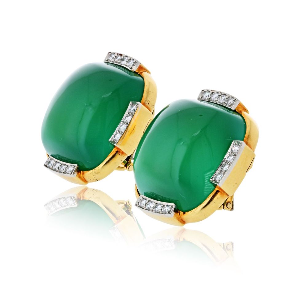 David Webb Platinum & 18K Yellow Gold Green Chrysoprase Diamond Earrings