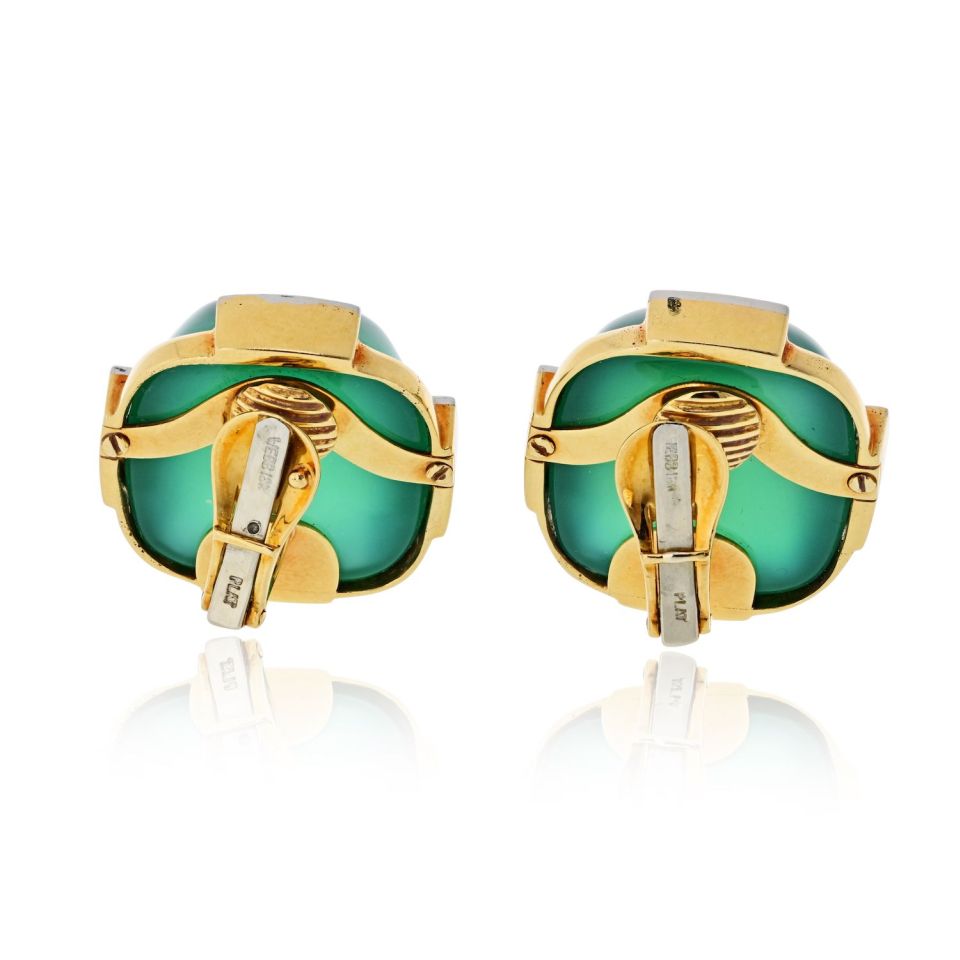 David Webb Platinum & 18K Yellow Gold Green Chrysoprase Diamond Earrings