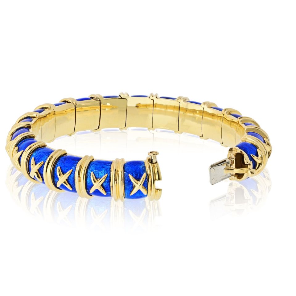 Tiffany & Co. Schlumberger 18K Yellow Gold Croisillon Blue Enamel