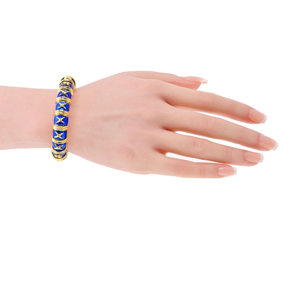 Tiffany & Co. Schlumberger 18K Yellow Gold Croisillon Blue Enamel