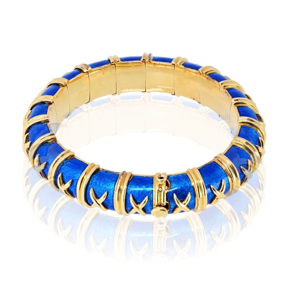 Tiffany & Co. Schlumberger 18K Yellow Gold Vintage Croisillon Blue Enamel Bracelet