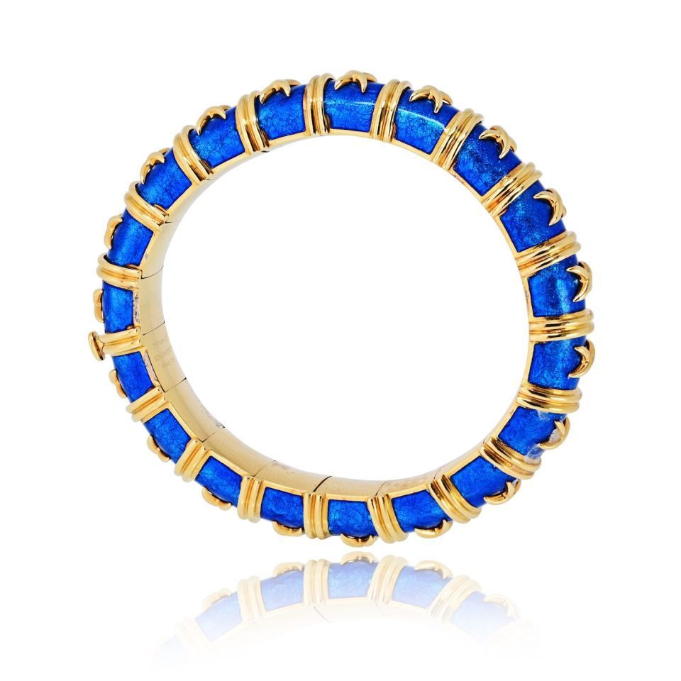 Tiffany & Co. Schlumberger 18K Yellow Gold Vintage Croisillon Blue Enamel Bracelet