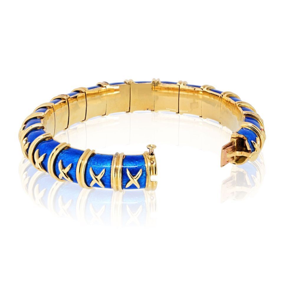 Tiffany & Co. Schlumberger 18K Yellow Gold Vintage Croisillon Blue Enamel Bracelet