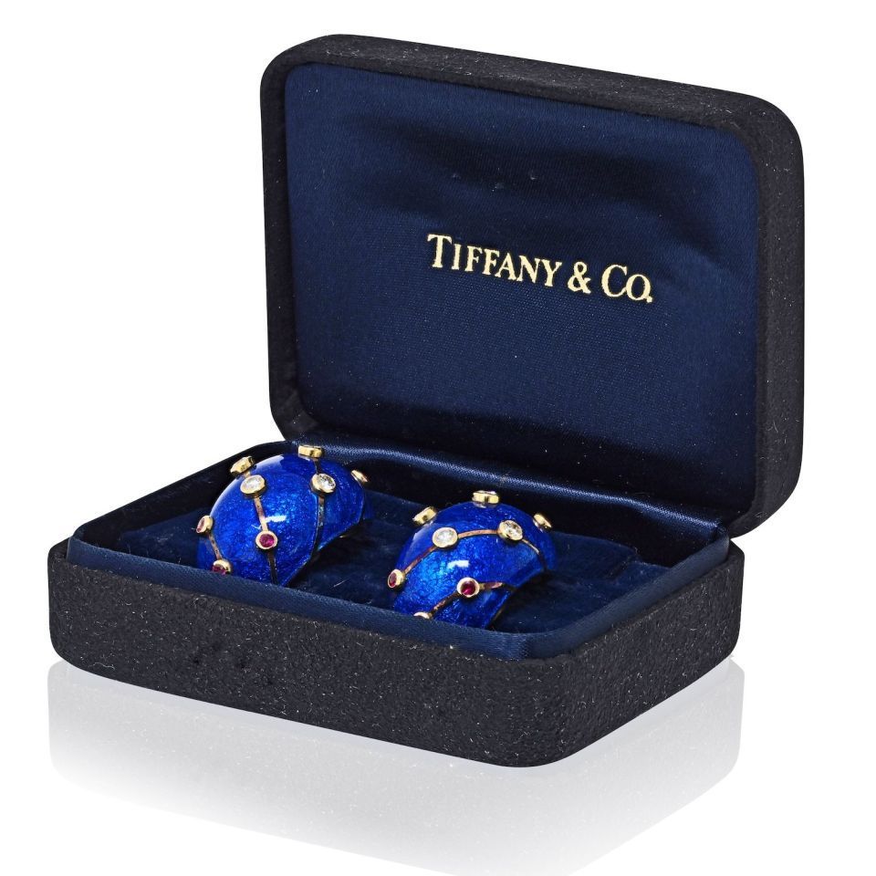 Tiffany & Co. Schlumberger 18K Yellow Gold Blue Enamel Ruby And