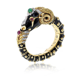 David Webb 18K Yellow Gold Vintage Ram With Green Emerald And Diamonds Bangle Bracelet