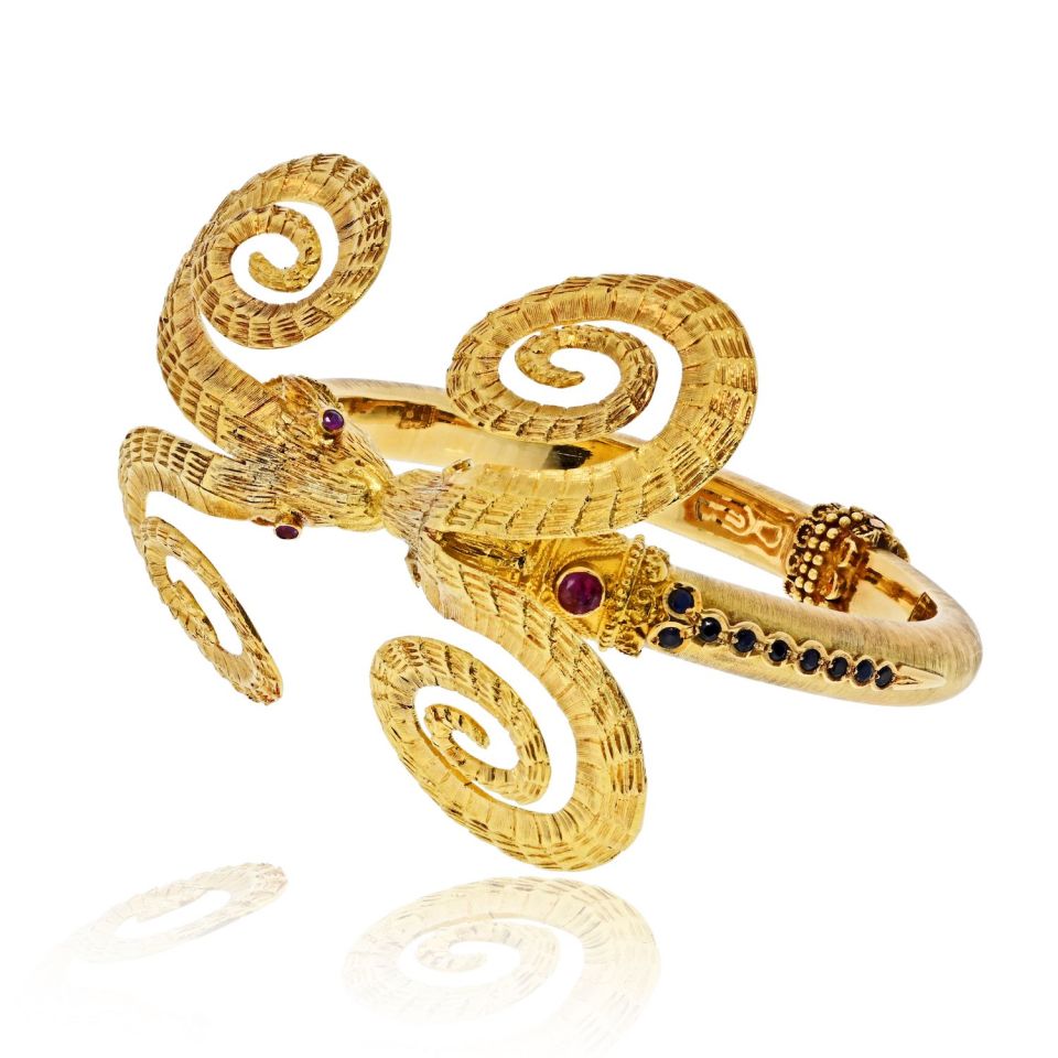 Ilias Lalaounis Vintage 18K Yellow Gold Double Ram Ruby Bracelet