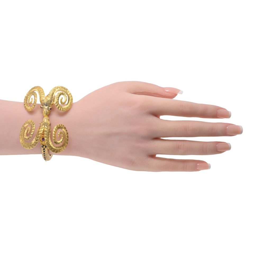Ilias Lalaounis Vintage 18K Yellow Gold Double Ram Ruby Bracelet