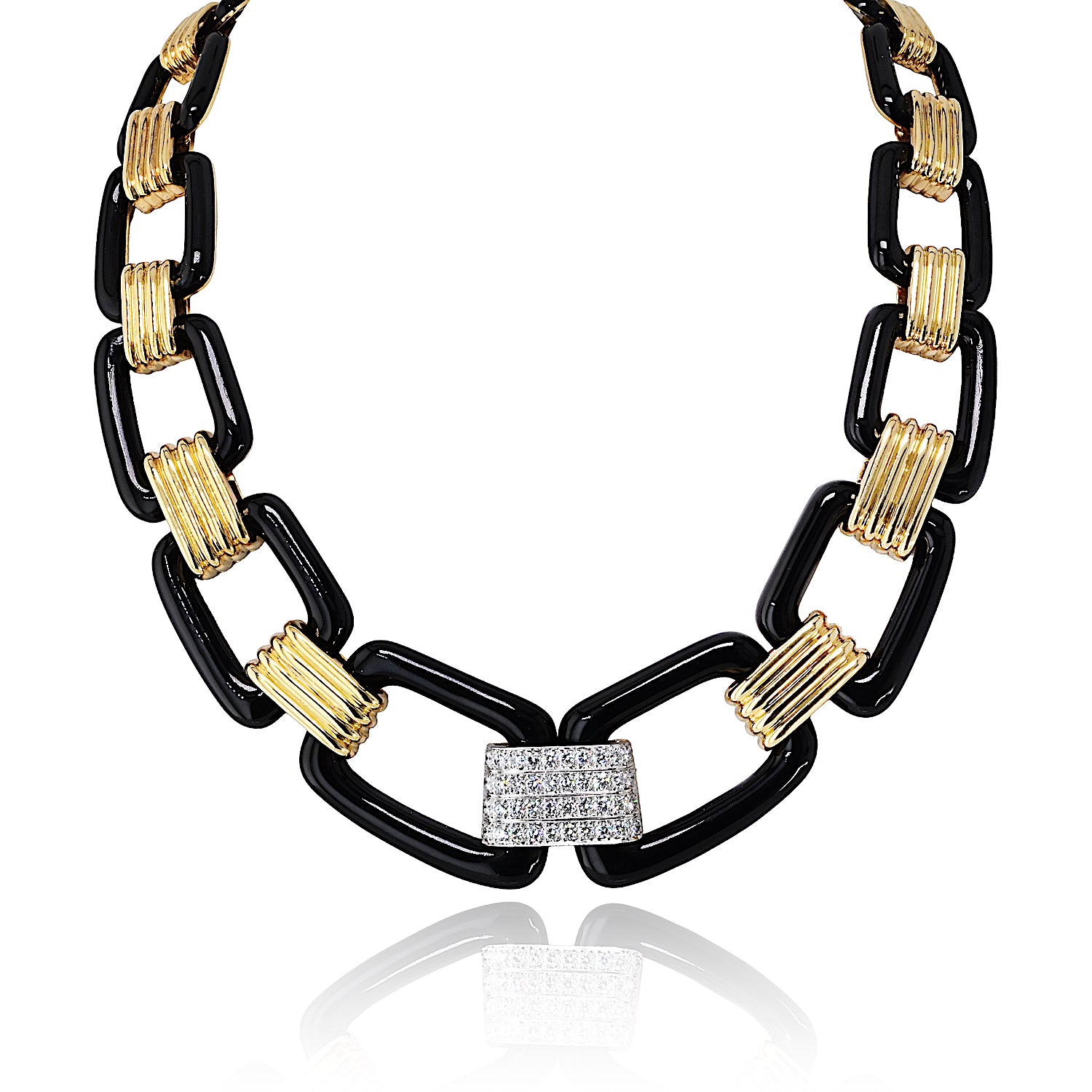 David Webb 18K Yellow Gold Black Enamel Large Link Gold Stations
