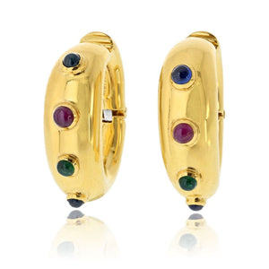 David Webb 18K Yellow Gold Gemstone Hoop Earrings