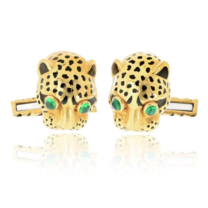 David Webb 18K Yellow Gold Leopard Emerald Eyes With Box Cuff Links