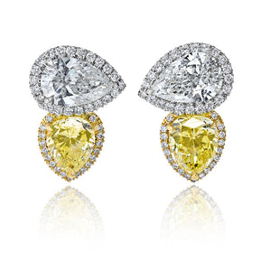Platinum & 18K Yellow Gold Handmade Pear Shape Fancy Yellow Diamond Stud Earrings