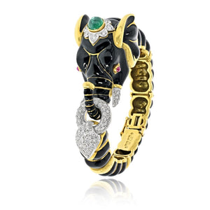 David Webb 18K Yellow Gold Black Enamel Elephant Bracelet