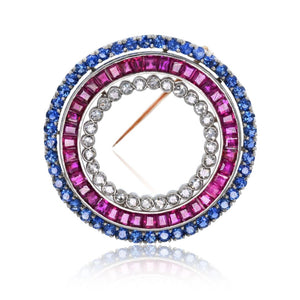 Retro Platinum & 18K Yellow Gold Ruby, Diamond, Sapphire 35mm Brooch